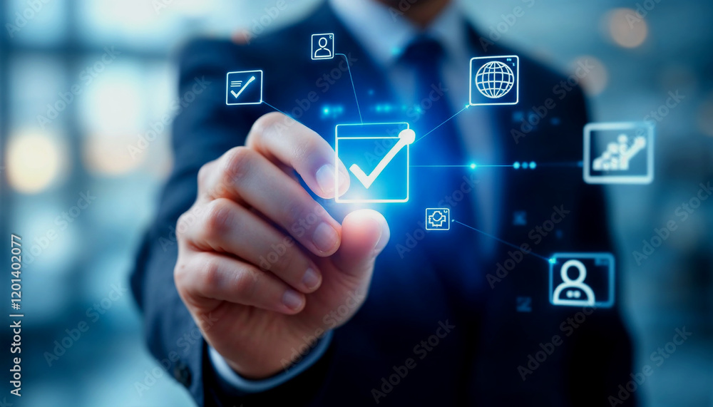 Poster hand selecting checklist items on a futuristic interface