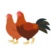 茶色の雌鶏と雄鶏。フラットなベクターイラスト。
Brown hen and rooster. Flat vector illustration.