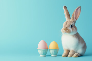 A fluffy tan and white bunny sits beside two pastel colored eggs in light blue egg cups against a turquoise background. Perfect Easter image.