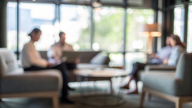Business Lounge Conversation Blur: A cozy lounge space with blurred professionals having casual business discussions.
