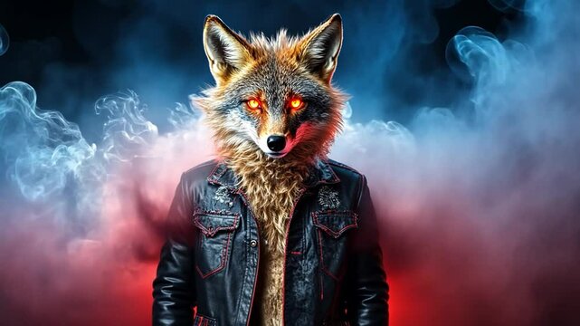 Vivid representation of a humanoid figure with a fox mask in a dramatic atmosphere