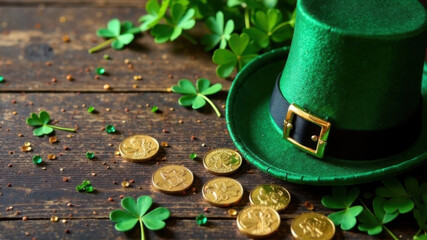 Flat lay of St. Patrick's Day decorations: clovers, gold coins, Leprechaun hat on wooden texture