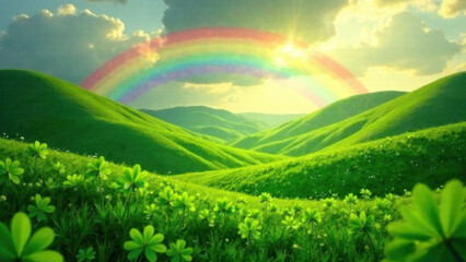 Rainbow over green hills with clover. The concept of St. Patrick's Day.