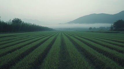 Misty morning over rows of vibrant green rice paddies in a tranquil valley.