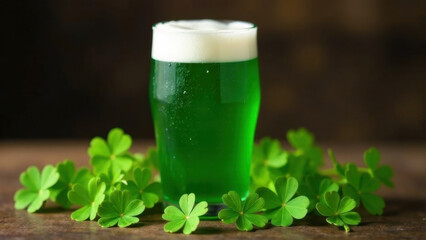 Glass pint of green beer surrounded by small clovers on a wooden table.