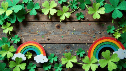 Paper garland with clovers and rainbows on rustic wooden background. Copy space