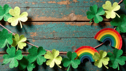 Paper garland with clovers and rainbows on rustic wooden background. Copy space