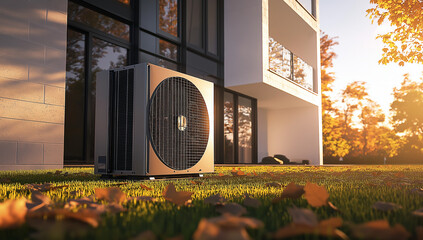 A modern heat pump unit sits on the lawn outside a contemporary home, bathed in warm autumnal sunlight. Fallen leaves scatter the grass.