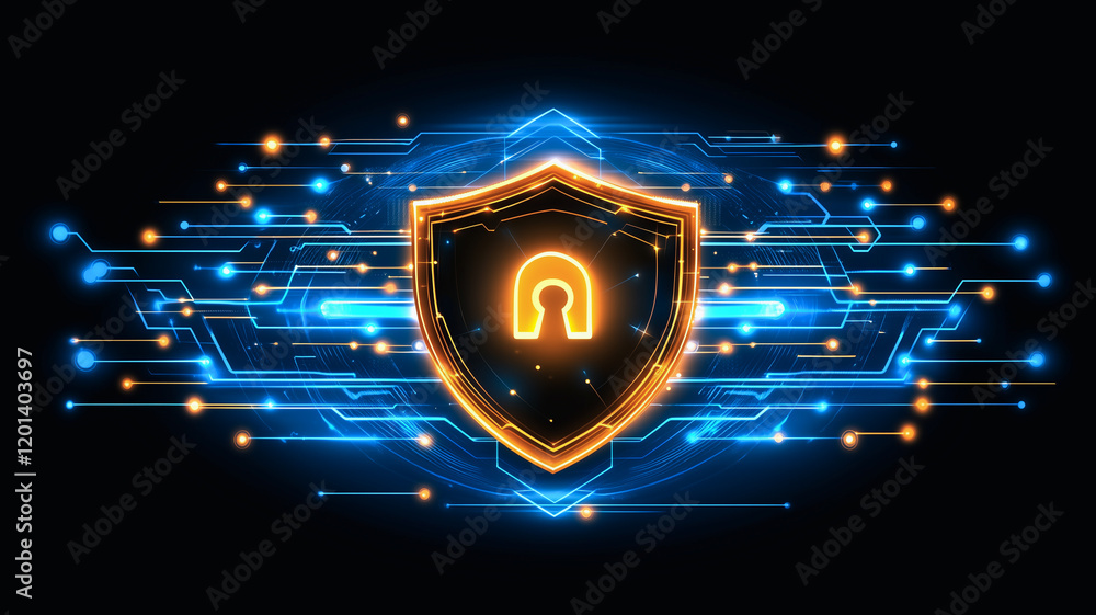 Poster cybersecurity shield: a glowing, golden shield with a digital security symbol is displayed against a