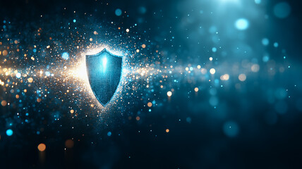 Shielded: A luminous blue shield, emanating a protective glow, is set against a backdrop of shimmering, golden particles, suggesting safety and security.