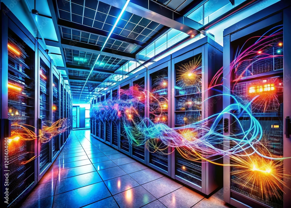Aufkleber panoramic view of a server room under cyberattack: data breach and network security threat