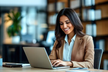 A busy young female executive working on her laptop in the office. A smiling Hispanic businesswoman, employed by the company, sits at her work desk, serving as a professional HR manager while focusing