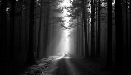 Naklejka premium A misty path winds through a dark, dense forest, sunlight barely breaking through the canopy.