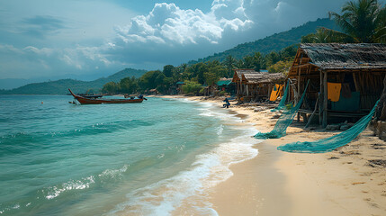 Obraz premium A stunning photography capturing the simplicity of life in a fishing village, with a fisherman mending nets by a traditional wooden hut as waves gently lap against the shore.