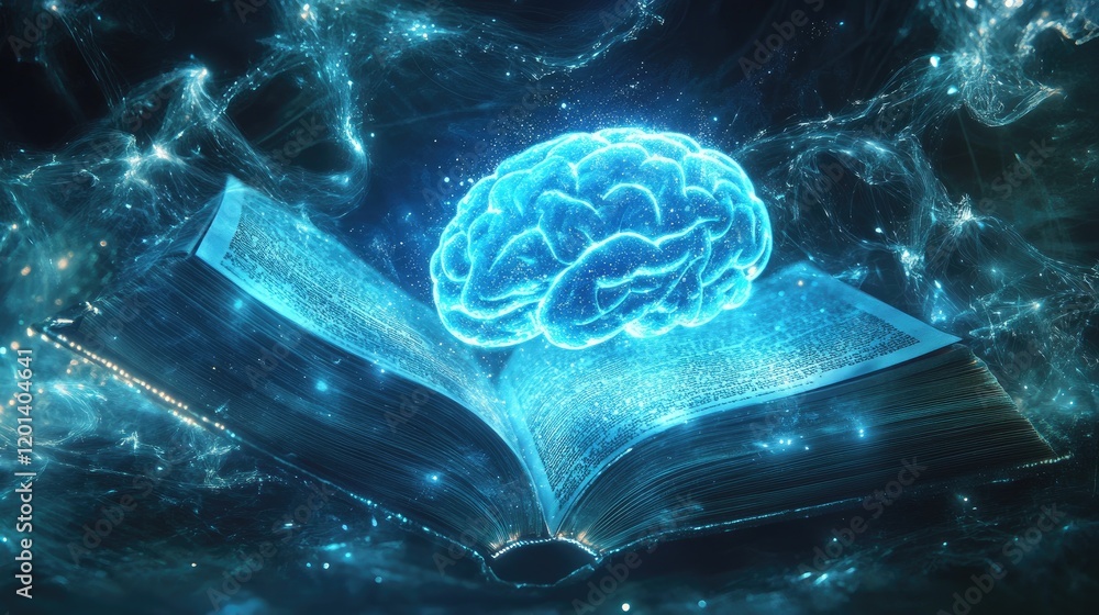 Poster luminous brain above open ancient book illuminating knowledge