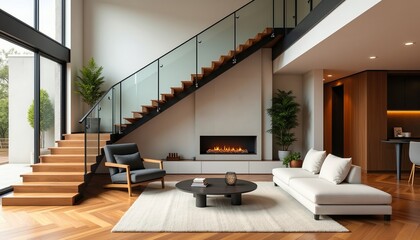 Fototapeta premium Modern living room with fireplace and wooden staircase. Spacious and stylish interior design.