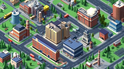 Isometric View Of A City With Factories And Buildings