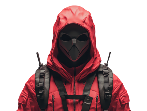 Model of a Hacker in a Red Mask and Hoodie on Transparent Background