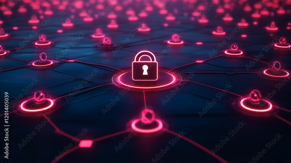 Poster cybersecurity network: a digital abstract depicting a network of glowing nodes interconnected by lin