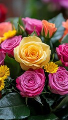 Obraz premium Vibrant Bouquet, Colorful Rose Blossoms and Daisies Floral Arrangement with Copy Space