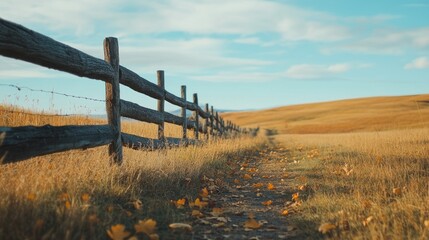 Fototapeta premium A rustic fence in the countryside with scattered autumn leaves, set against an open field that allows for text overlay