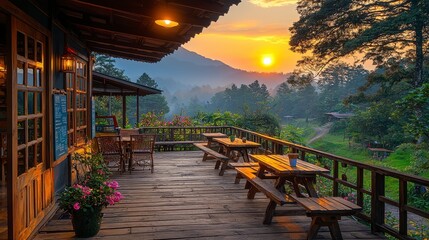 Sunset view from a wooden deck cafe with tables and chairs overlooking a mountain valley.