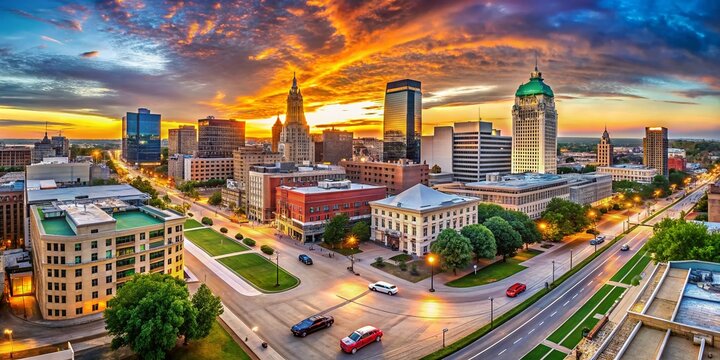 Panoramic View of Downtown Fort Wayne, Indiana Skyline at Sunset