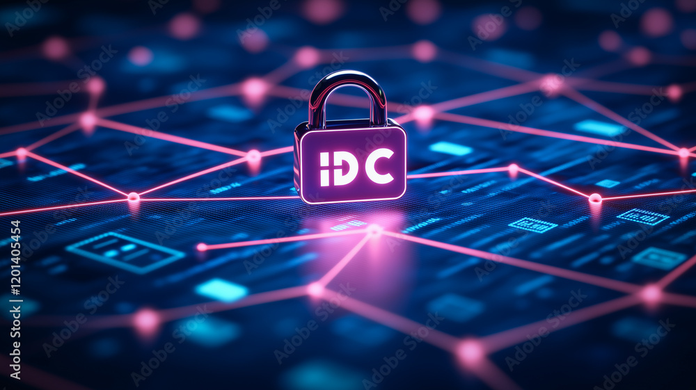 Poster data security: a padlock with the letters 'idc' emblazoned on it stands guard at the nexus of a netw
