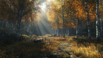 Obraz premium A secluded clearing in an autumn forest, with sunlight streaming through branches, creating ample space for text.