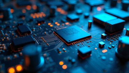 High-tech circuit board glowing in dark laboratory, digital innovation