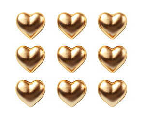 Fototapeta premium Nine Shiny Gold Hearts Arranged in a Grid Pattern Transparent Background, PNG