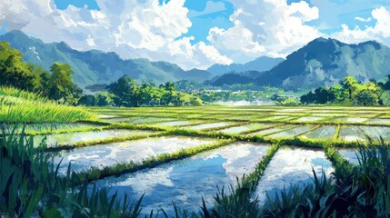 Fototapeta premium A serene rice paddy field at midday, with neatly planted rows and distant mountains under a sunny sky.
