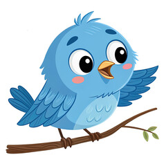 Blue cartoon bird perched on a branch with big eyes