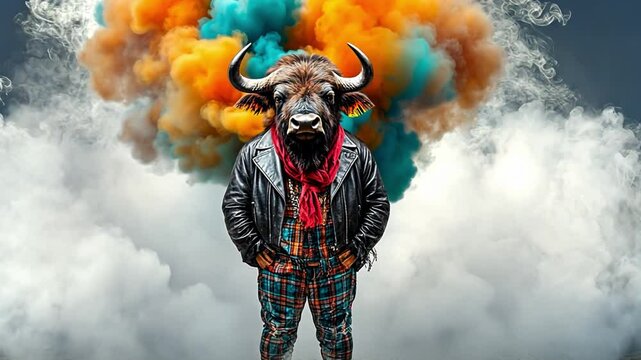 Unique buffalo character stands confidently in a colorful smoky environment with bold attire