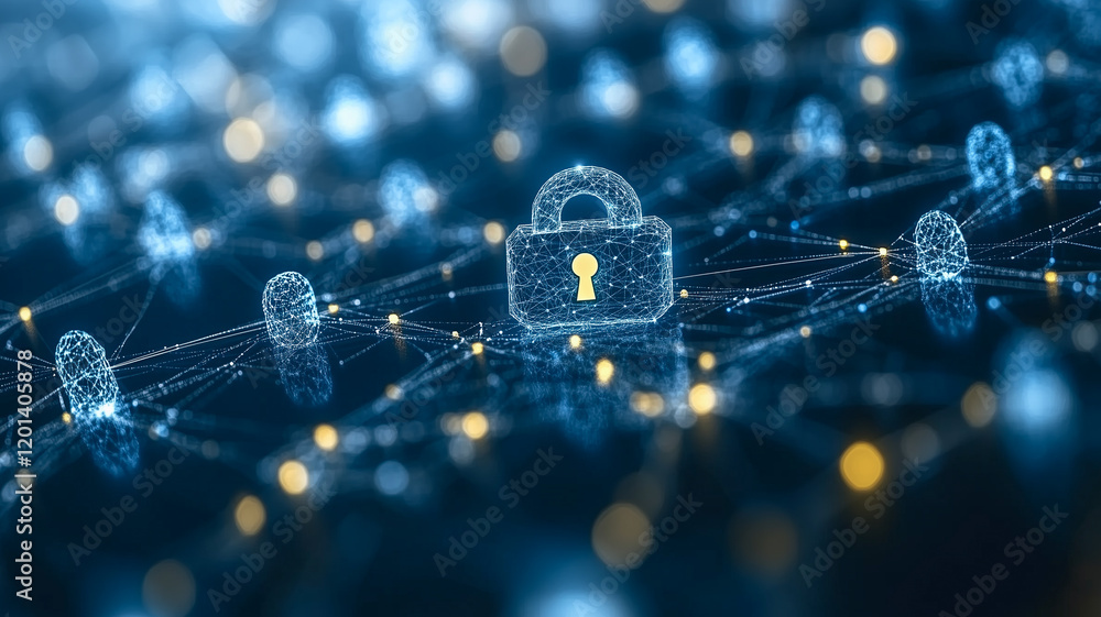 Poster cybersecurity network: a digital rendering of a padlock sits at the heart of a complex network of in