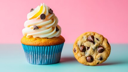 A plastic cupcake stack and a chocolate chip cookie isolated on a colorful background