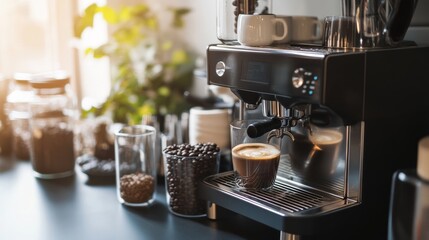 A modern coffee station with an espresso machine and a variety of coffee beans, symbolizing gourmet coffee culture at home, Coffee culture scene