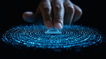 Cybersecurity Access: A finger gently touches a glowing digital lock symbol at the center of a swirling vortex of data, representing the delicate balance of digital security and access.