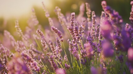 Obraz premium Sunlit lavender field with a warm glow showcasing purple blossoms and green stems