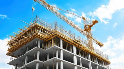 Fototapeta premium A sleek high-rise apartment under construction, with a crane moving materials to the upper levels against a bright blue sky.