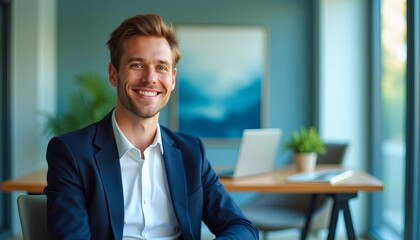 Fototapeta premium Confident businessman smiling in his modern office. Success, ambition, and professionalism.