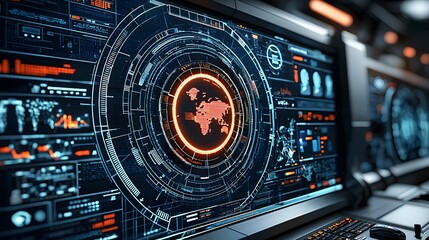 Fototapeta premium Futuristic Digital Interface with Global Map and Data Visualization Elements for Technology and Innovation Concepts
