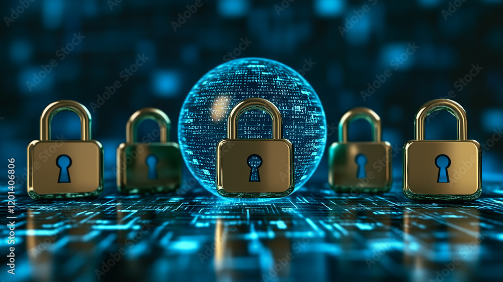 Poster cybersecurity shield: a cluster of gleaming gold padlocks encircles a glowing digital orb, symbolizi