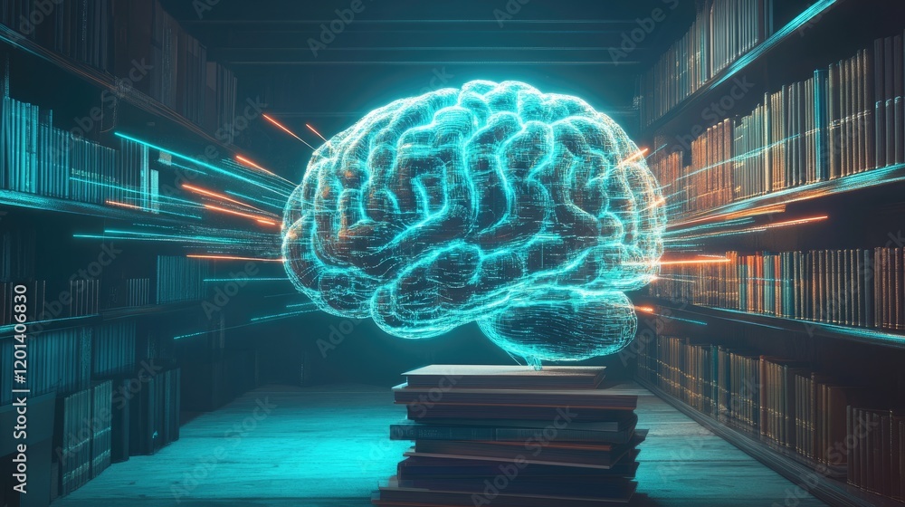 Poster digital brain illuminated in a library setting