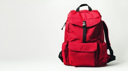 A spacious red school backpack with visible straps and side pockets, placed against a stark white background, leaving copy space above.