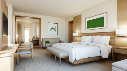 Fototapeta premium modern minimalist hotel room featuring comfortable bed, wooden furniture, and soft lighting, creating serene atmosphere
