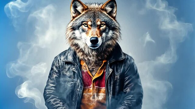 Wolf hybrid in a leather jacket with ethereal smoke sets a captivating scene