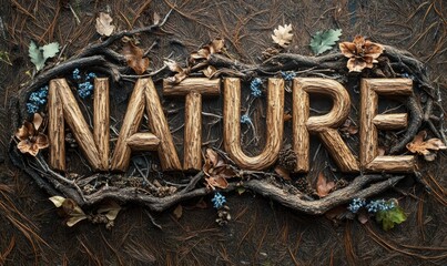 Wooden word nature among forest ground elements.