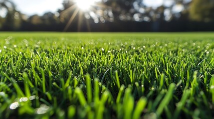 An up close view of verdant turf blades shimmering in the direct sunlight displaying a vivid