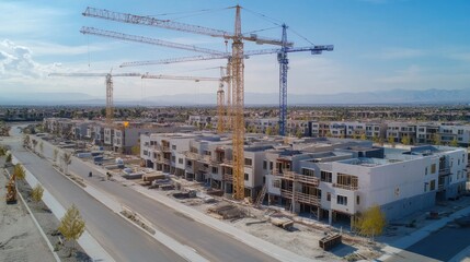 A sprawling residential construction site with cranes towering over rows of modern townhomes in various stages of development